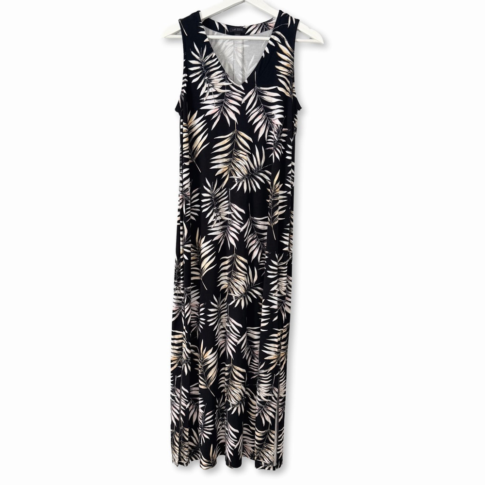 J.Jill Wearever Collection Black Beige Leaf Print V-Neck Maxi Dress XS